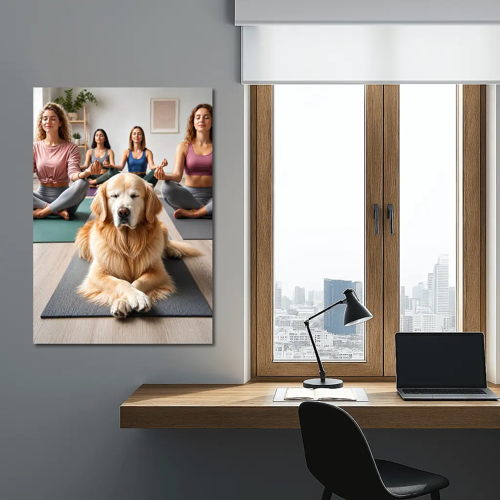 Golden Retriever Meditating With Women Yoga Studio – Wall Art