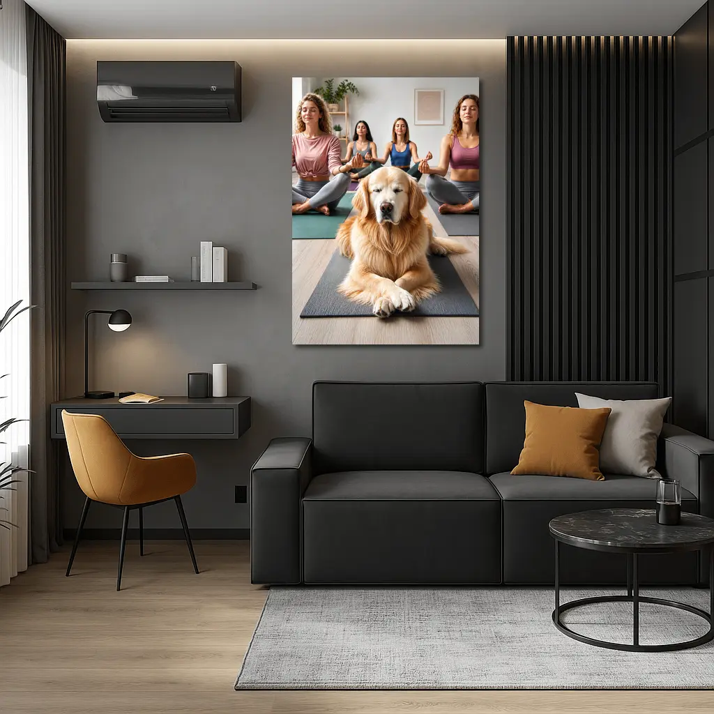 Golden Retriever Meditating With Women Yoga Studio – Wall Art