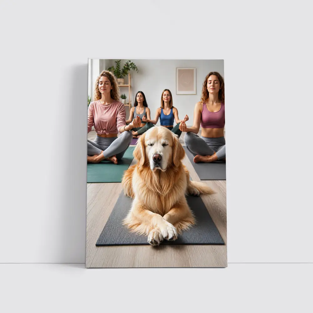 Golden Retriever Meditating With Women Yoga Studio – Wall Art