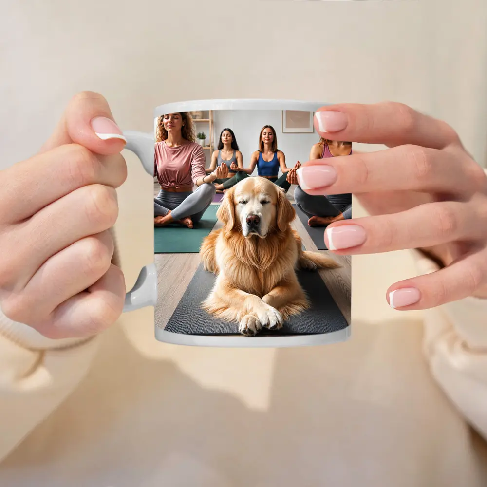 Golden Retriever Meditating With Women Yoga Studio – Mugs