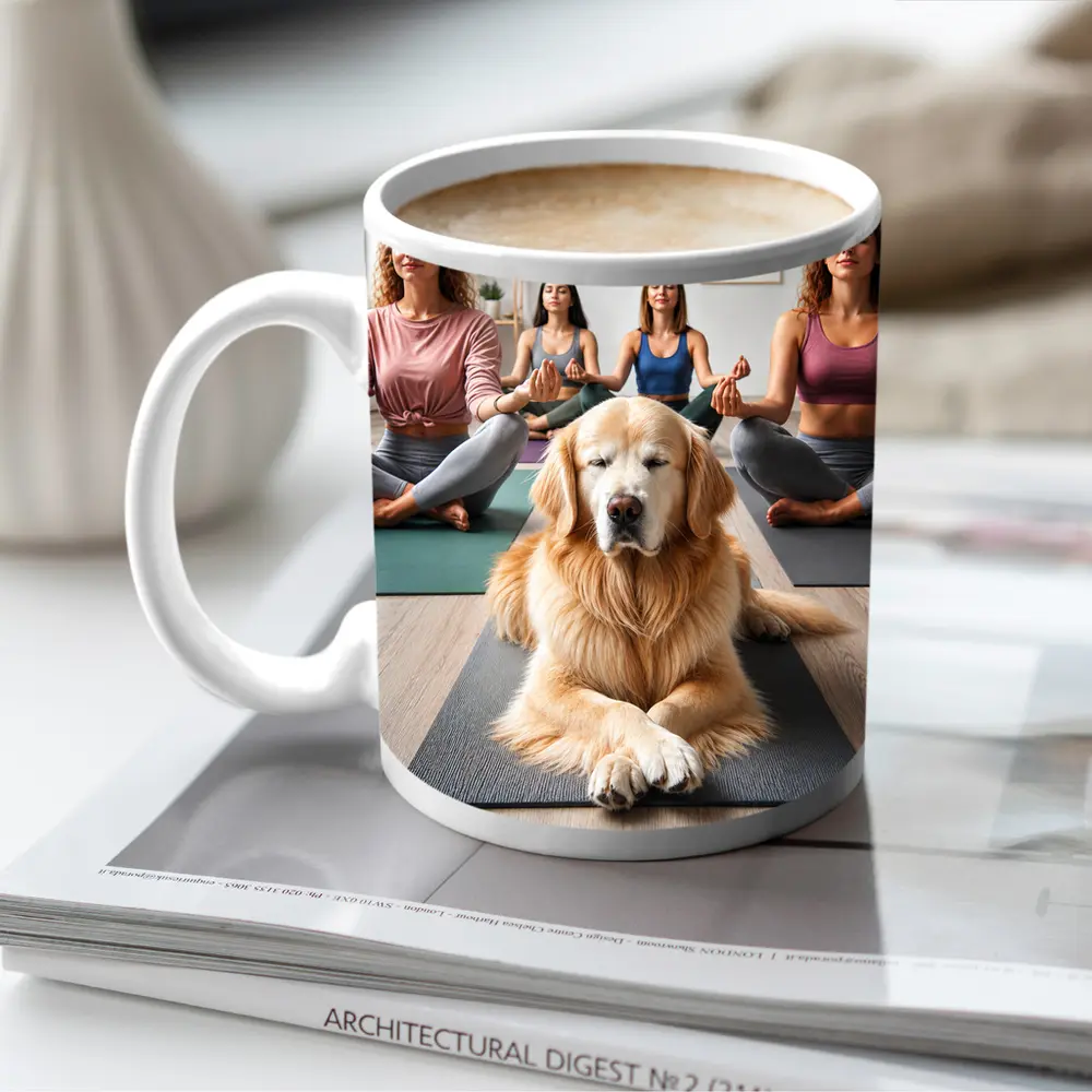 Golden Retriever Meditating With Women Yoga Studio – Mugs