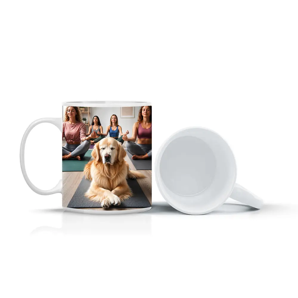Golden Retriever Meditating With Women Yoga Studio – Mugs