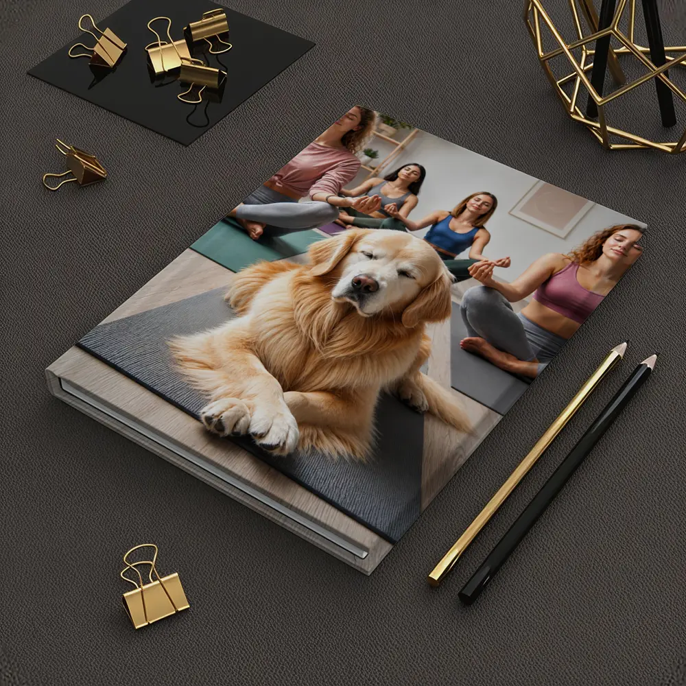 Golden Retriever Meditating With Women Yoga Studio – Notebooks