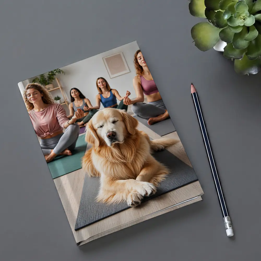 Golden Retriever Meditating With Women Yoga Studio – Notebooks