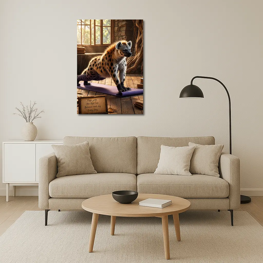 Hyena Doing Yoga on Purple Mat – Wall Art