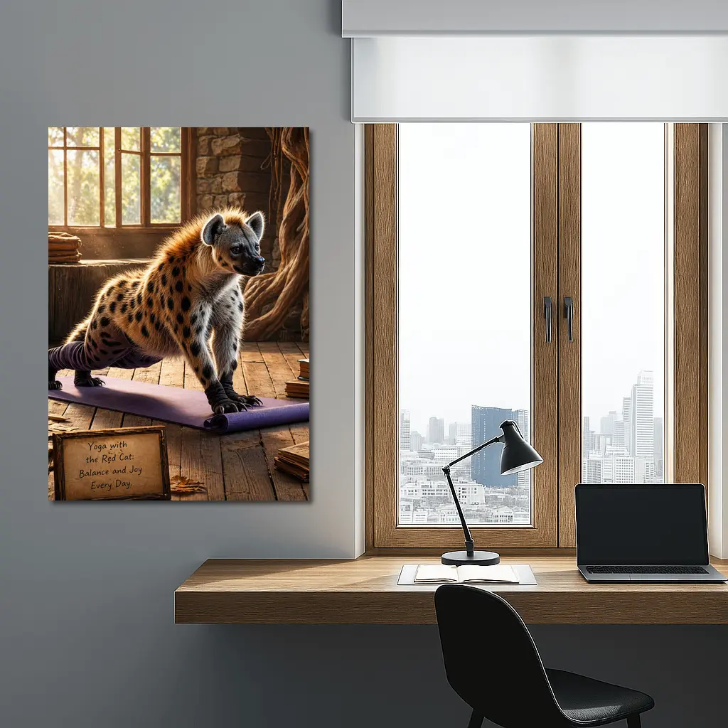 Hyena Doing Yoga on Purple Mat – Wall Art
