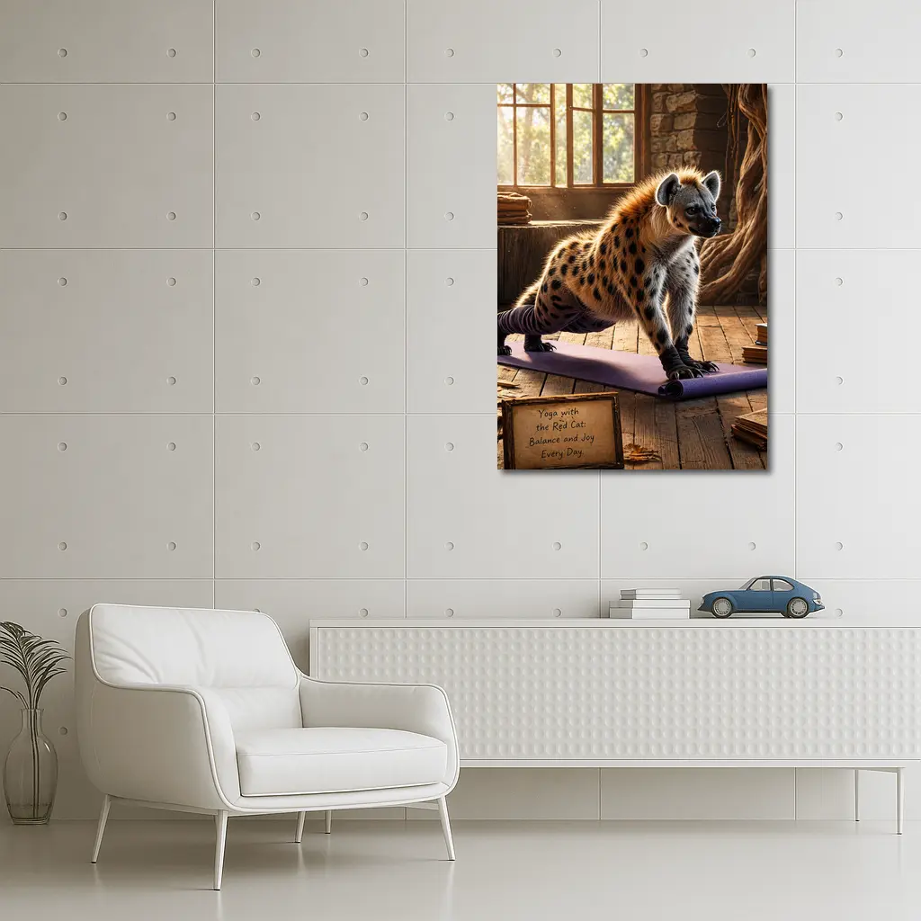 Hyena Doing Yoga on Purple Mat – Wall Art