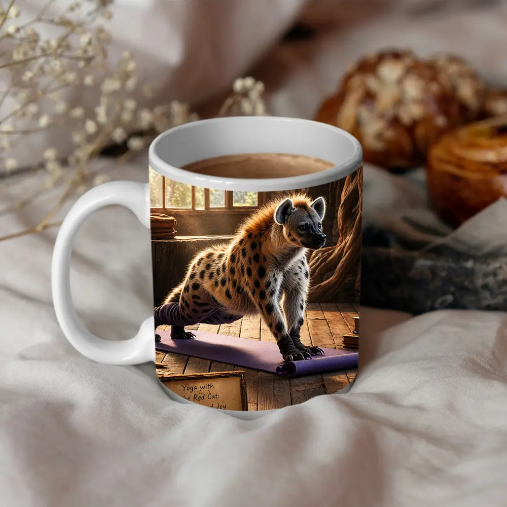 Hyena Doing Yoga on Purple Mat – Mugs