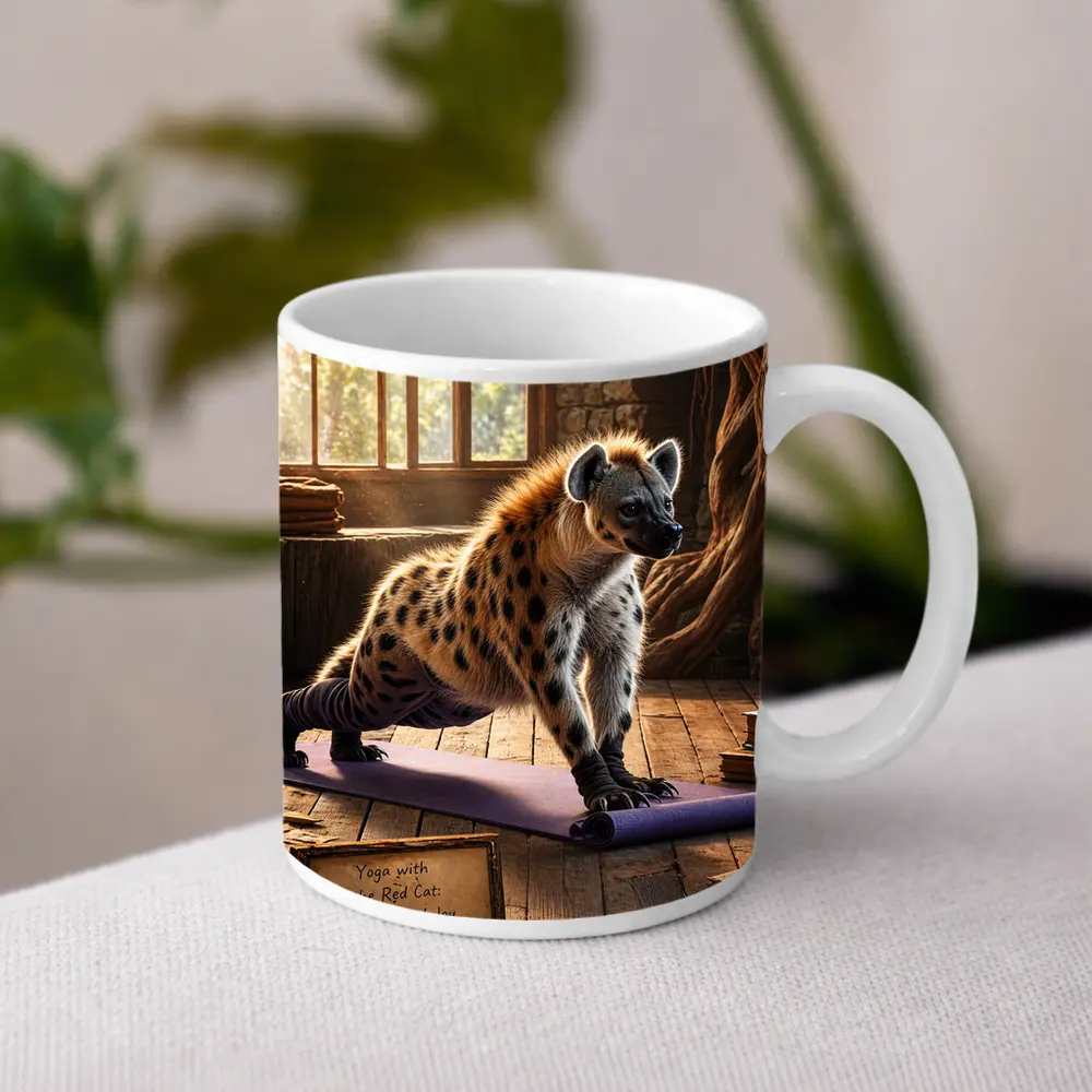 Hyena Doing Yoga on Purple Mat – Mugs