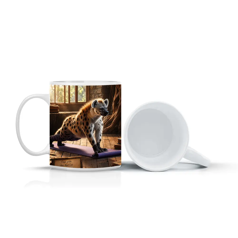 Hyena Doing Yoga on Purple Mat – Mugs