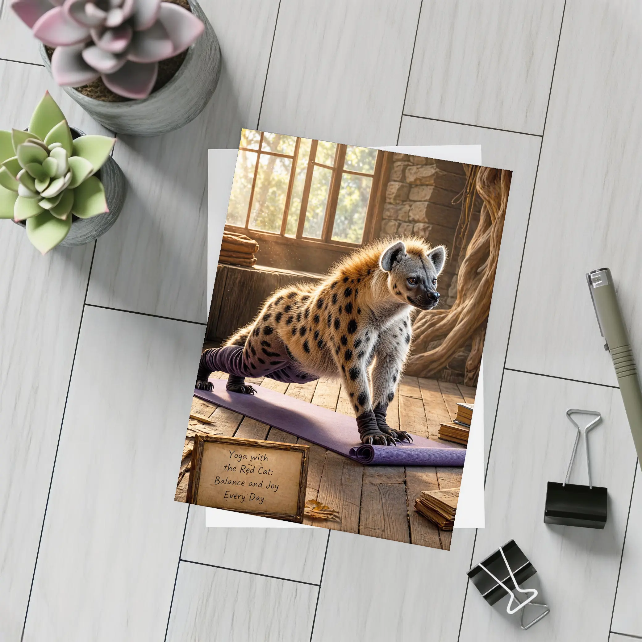 Hyena Doing Yoga on Purple Mat – Postcards