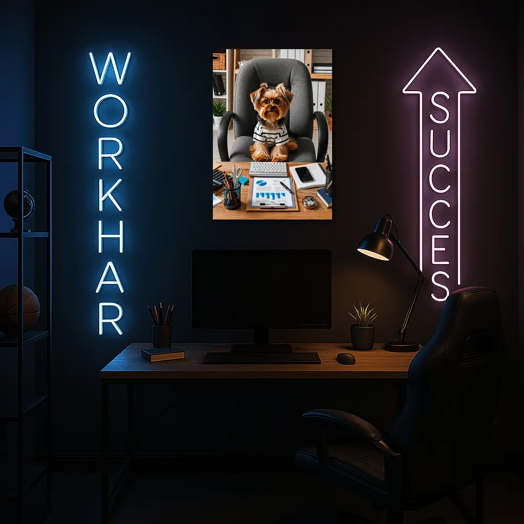 Yorkshire Terrier Boss Sitting at Office Desk – Wall Art