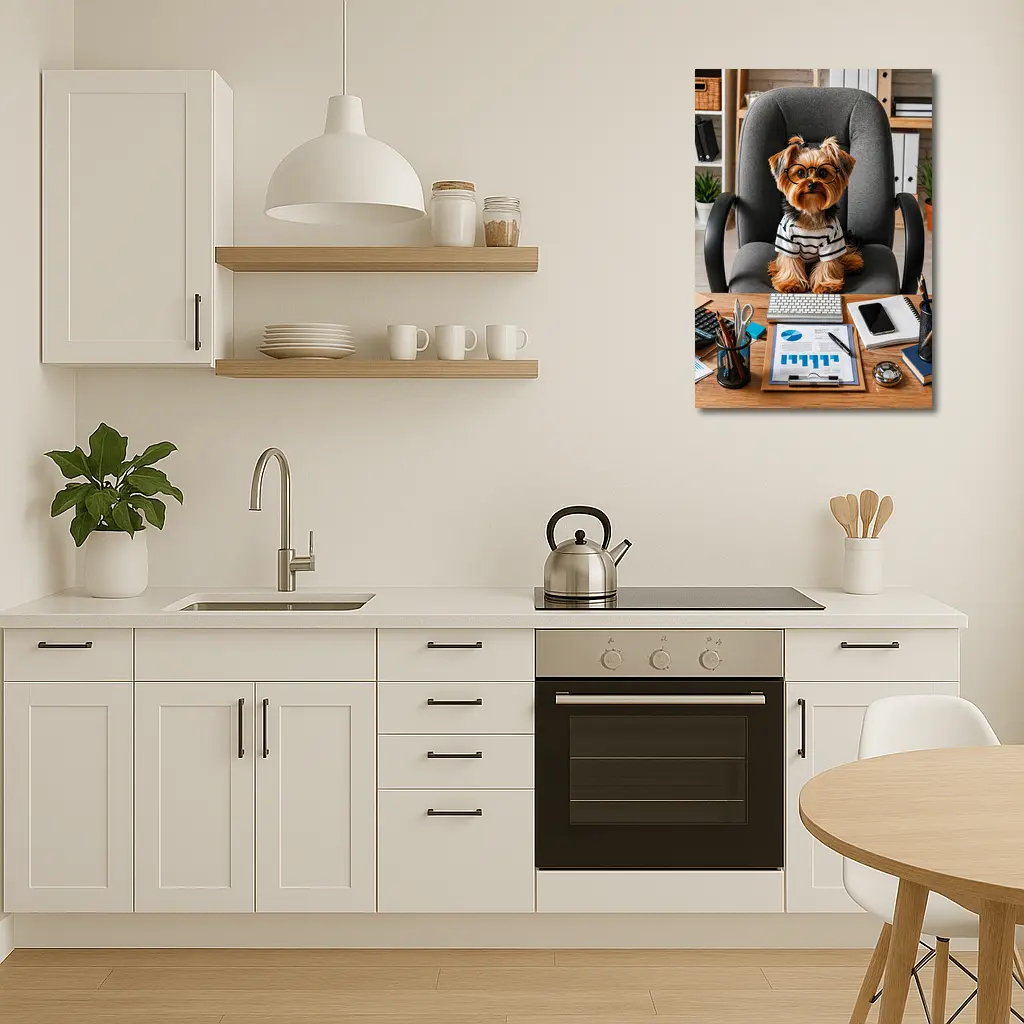 Yorkshire Terrier Boss Sitting at Office Desk – Wall Art