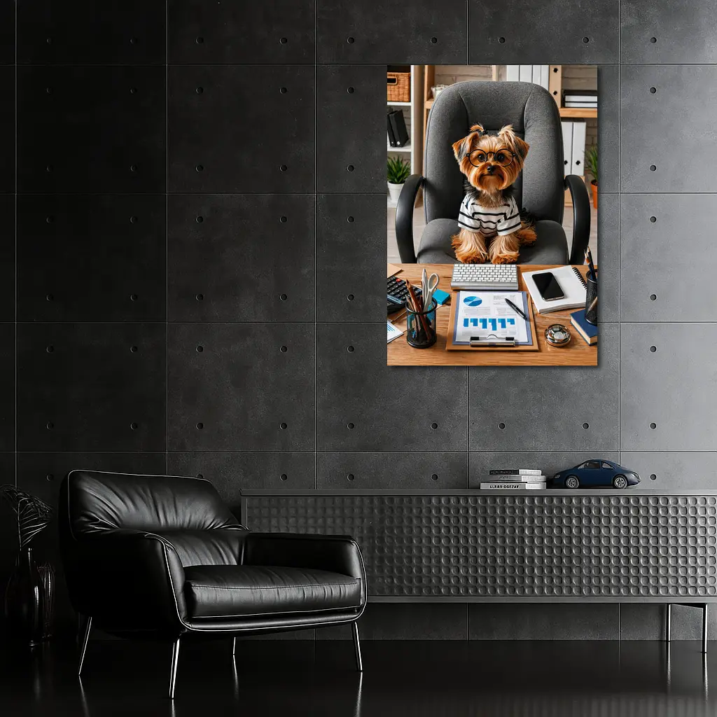Yorkshire Terrier Boss Sitting at Office Desk – Wall Art