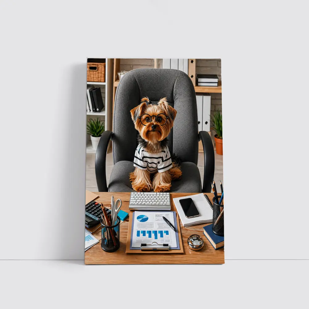 Yorkshire Terrier Boss Sitting at Office Desk – Wall Art