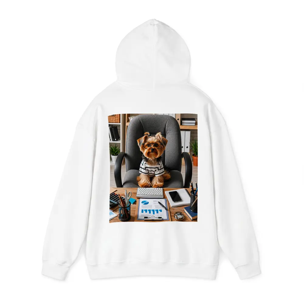 Yorkshire Terrier Boss Sitting at Office Desk – Hoodies