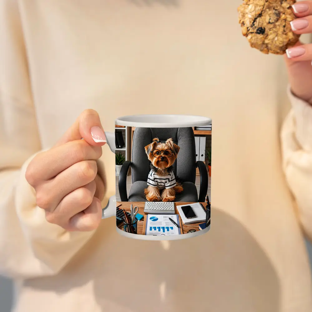 Yorkshire Terrier Boss Sitting at Office Desk – Mugs