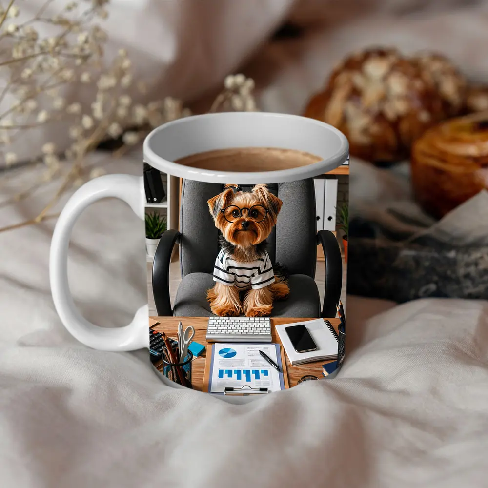 Yorkshire Terrier Boss Sitting at Office Desk – Mugs