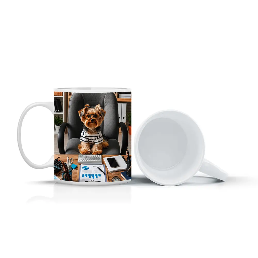 Yorkshire Terrier Boss Sitting at Office Desk – Mugs