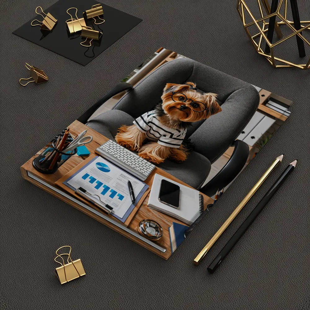 Yorkshire Terrier Boss Sitting at Office Desk – Notebooks