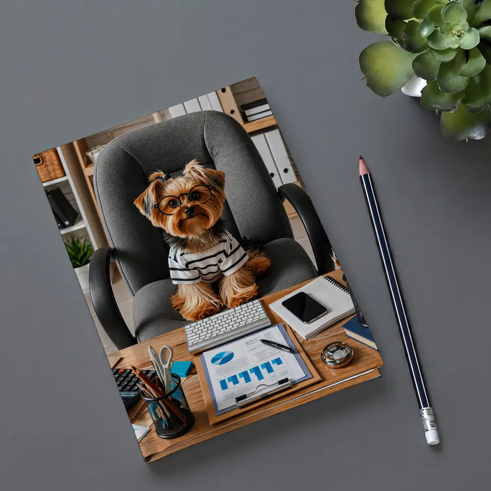 Yorkshire Terrier Boss Sitting at Office Desk – Notebooks