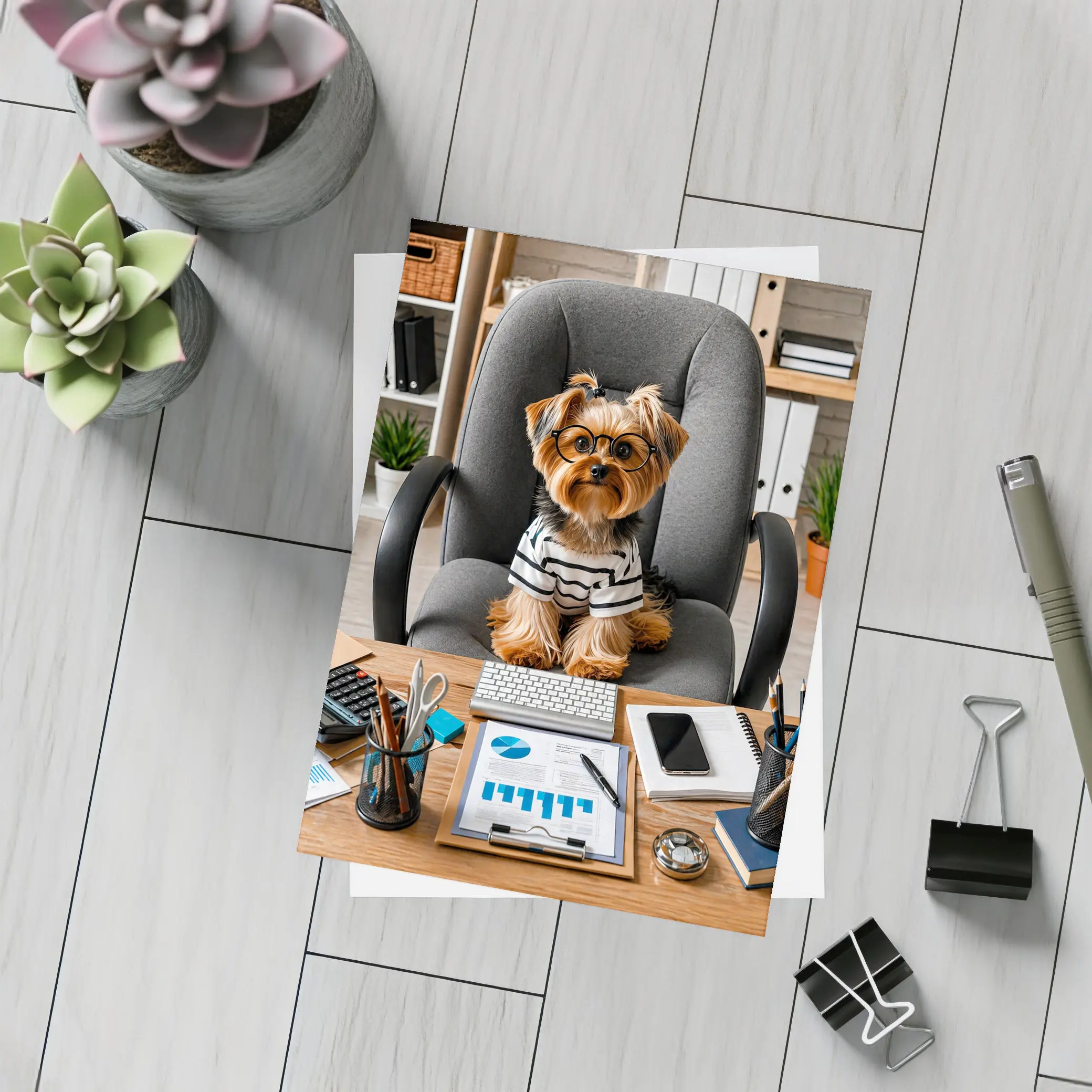 Yorkshire Terrier Boss Sitting at Office Desk – Postcards