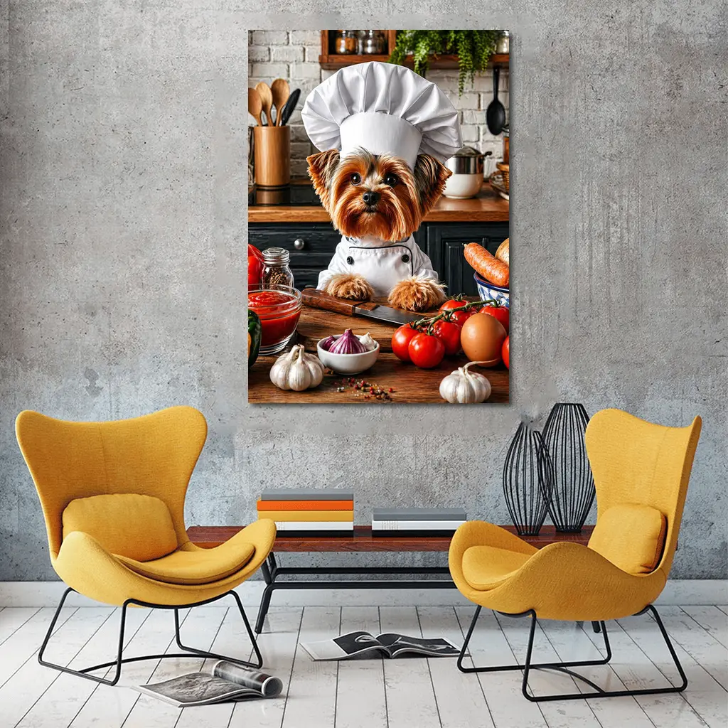 Yorkshire Terrier Chef Cooking in Kitchen – Wall Art