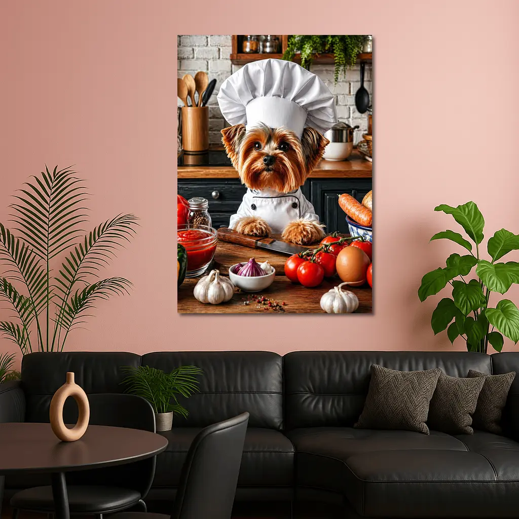 Yorkshire Terrier Chef Cooking in Kitchen – Wall Art