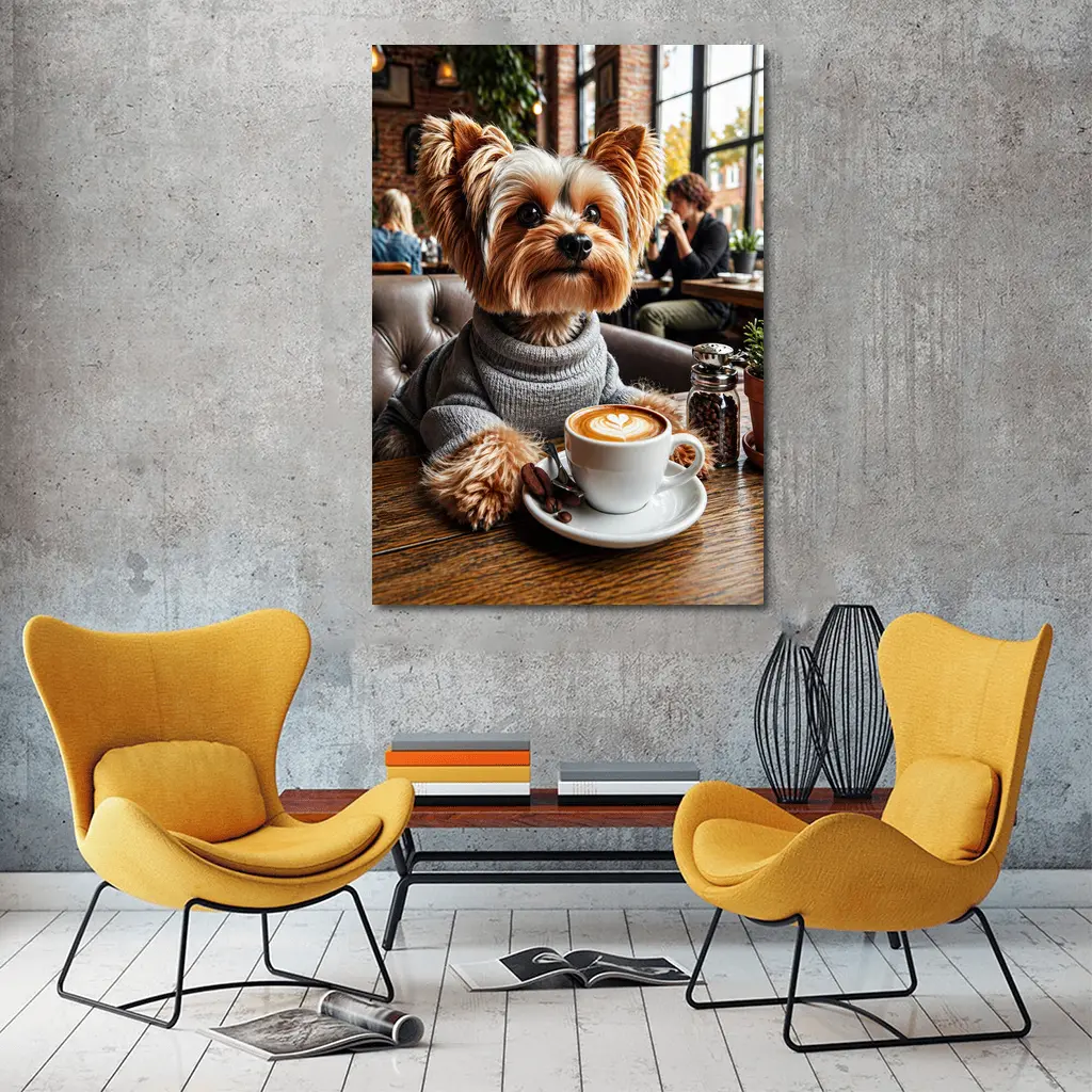 Yorkshire Terrier Wearing Sweater In Cozy Cafe – Wall Art