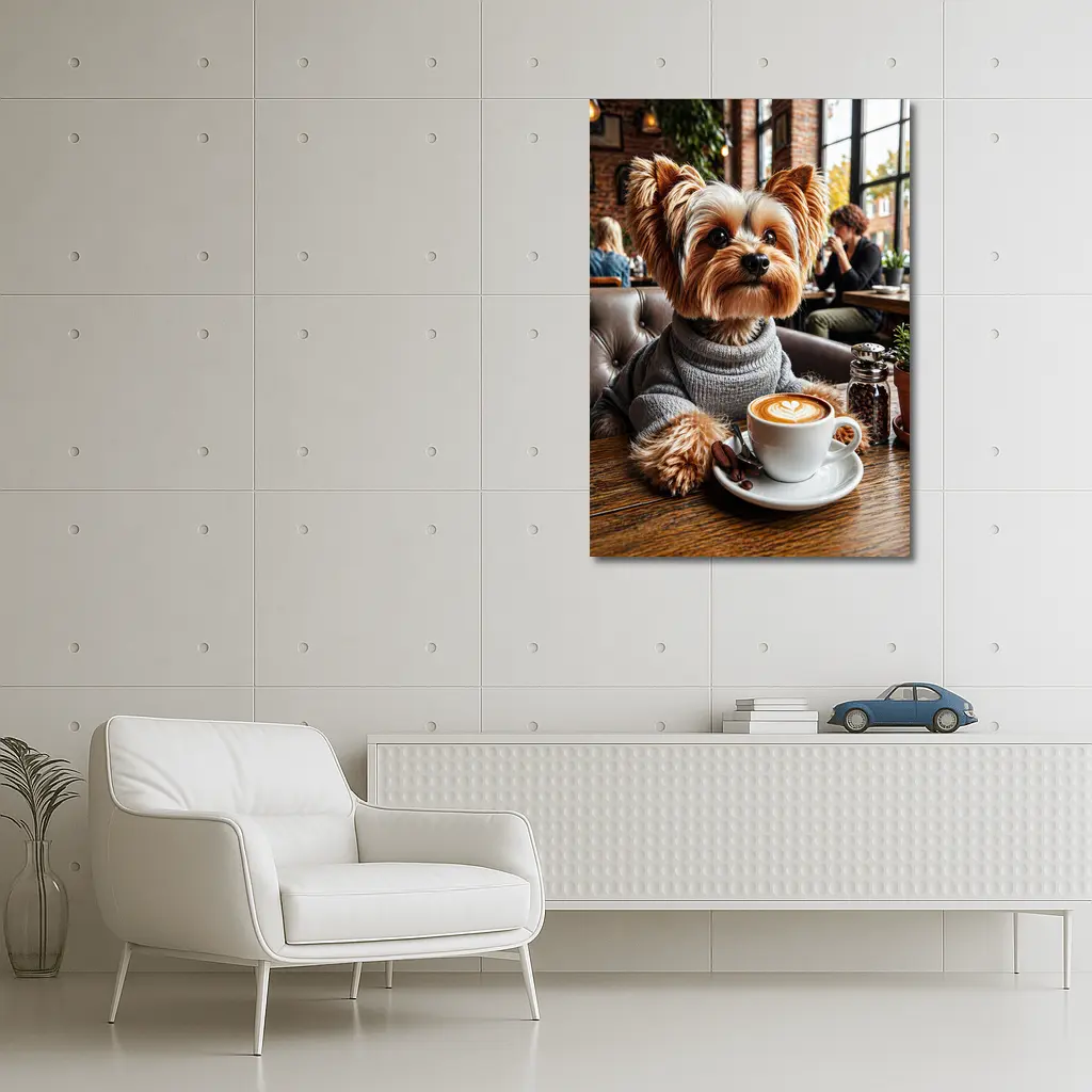Yorkshire Terrier Wearing Sweater In Cozy Cafe – Wall Art
