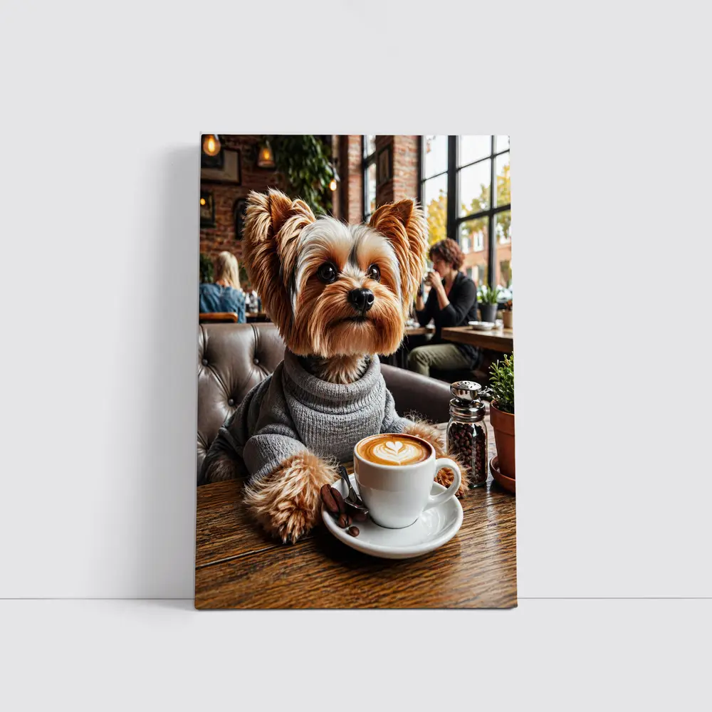 Yorkshire Terrier Wearing Sweater In Cozy Cafe – Wall Art