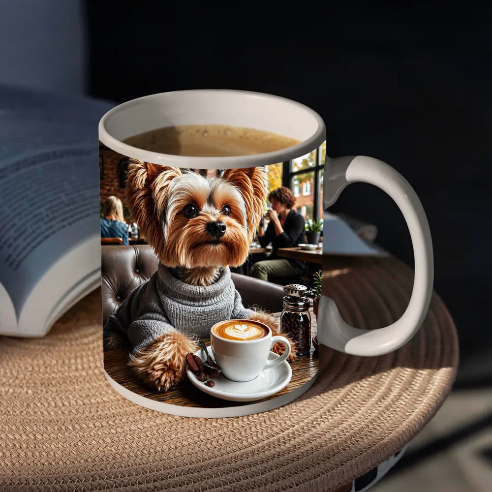 Yorkshire Terrier Wearing Sweater In Cozy Cafe – Mugs