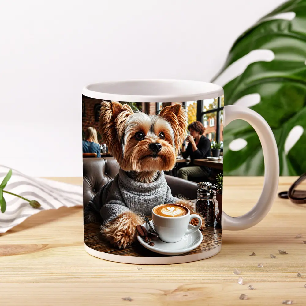 Yorkshire Terrier Wearing Sweater In Cozy Cafe – Mugs