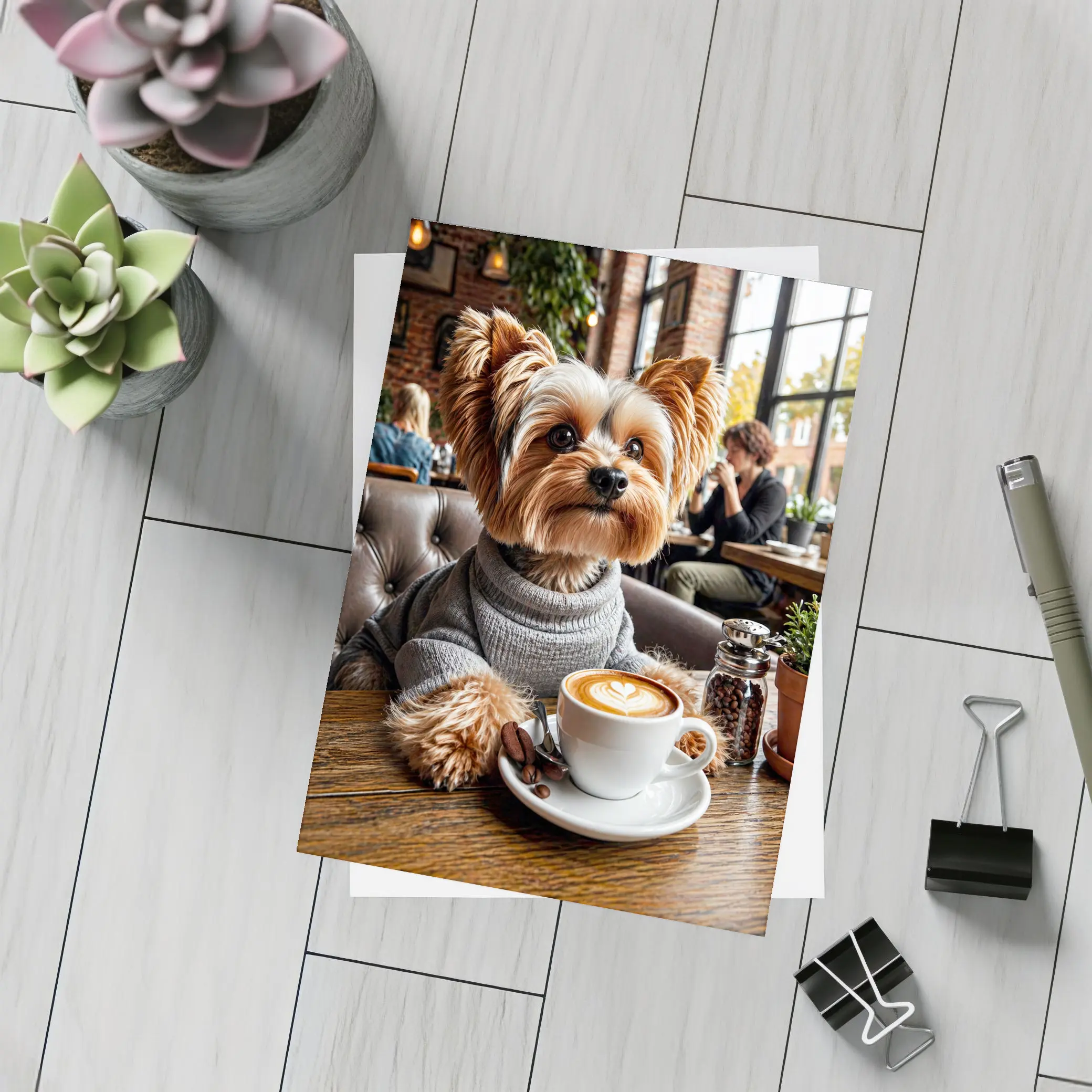 Yorkshire Terrier Wearing Sweater In Cozy Cafe – Postcards