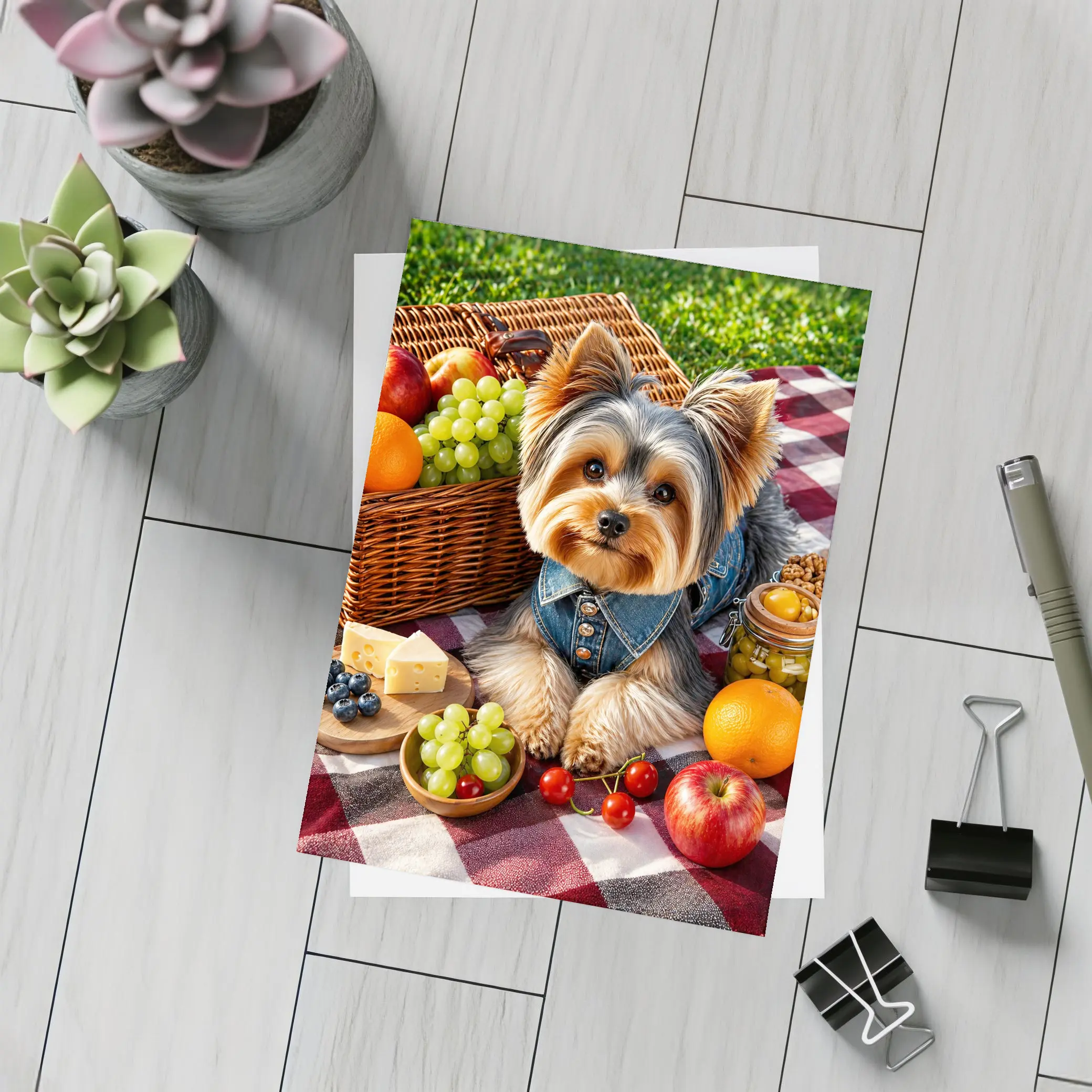 Yorkshire Terrier Picnic Blanket Fruits Cheese – Postcards