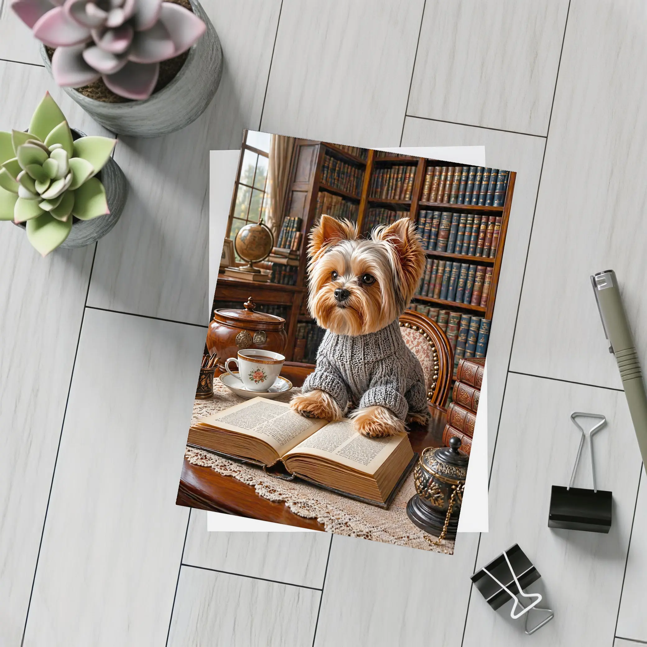 Yorkshire Terrier Reading Book Cozy Library – Postcards