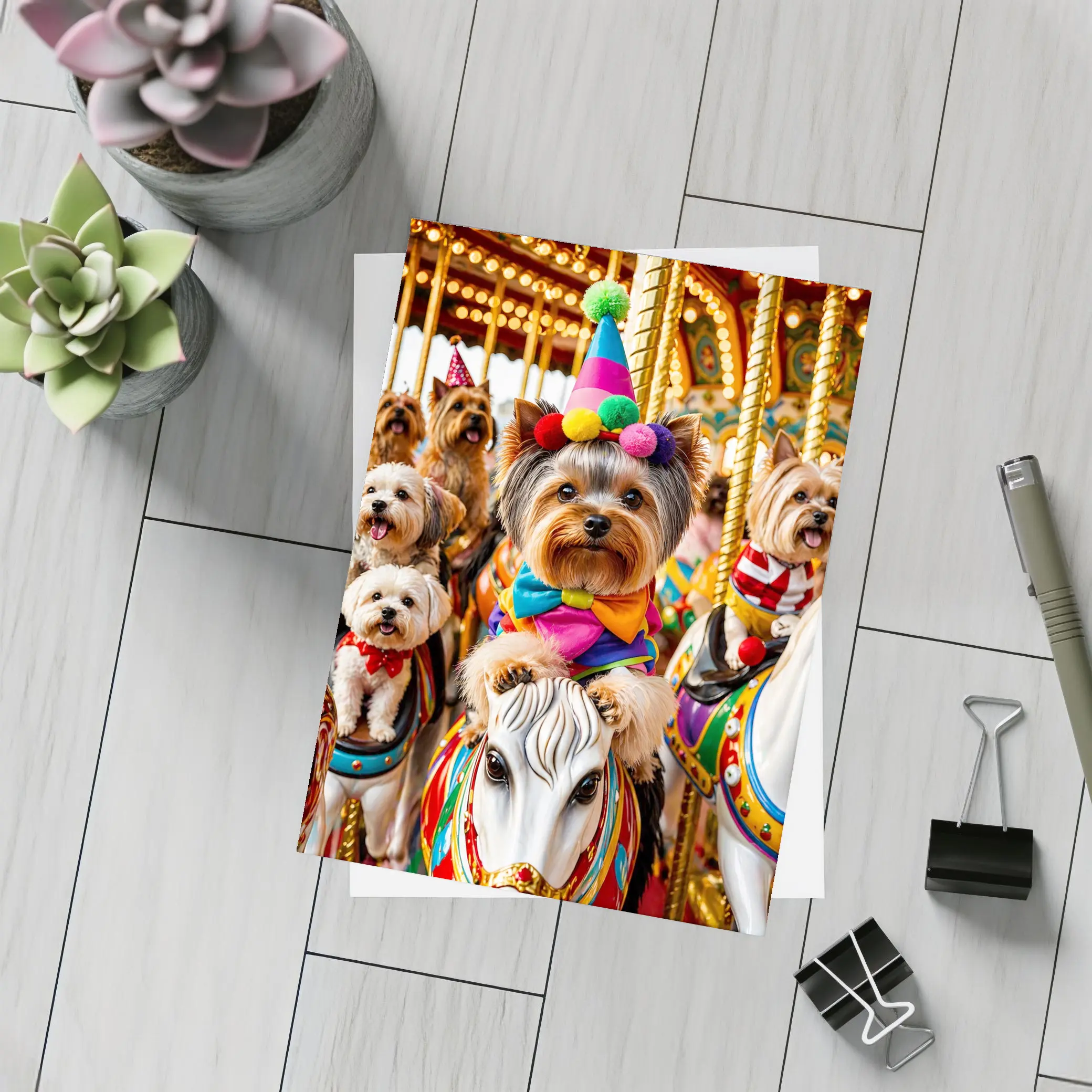 Yorkshire Terrier Clown Costume Carousel Carnival – Postcards