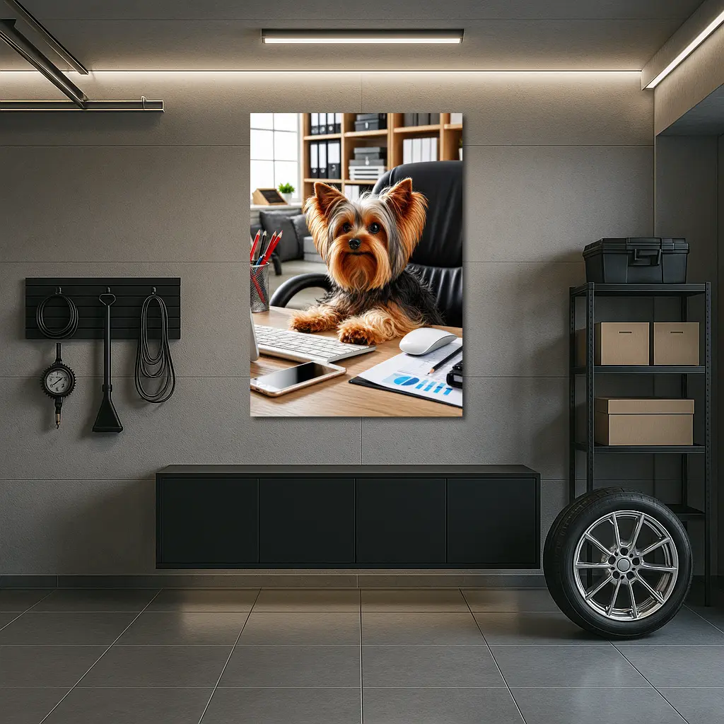 Yorkshire Terrier Sitting at Office Desk – Wall Art