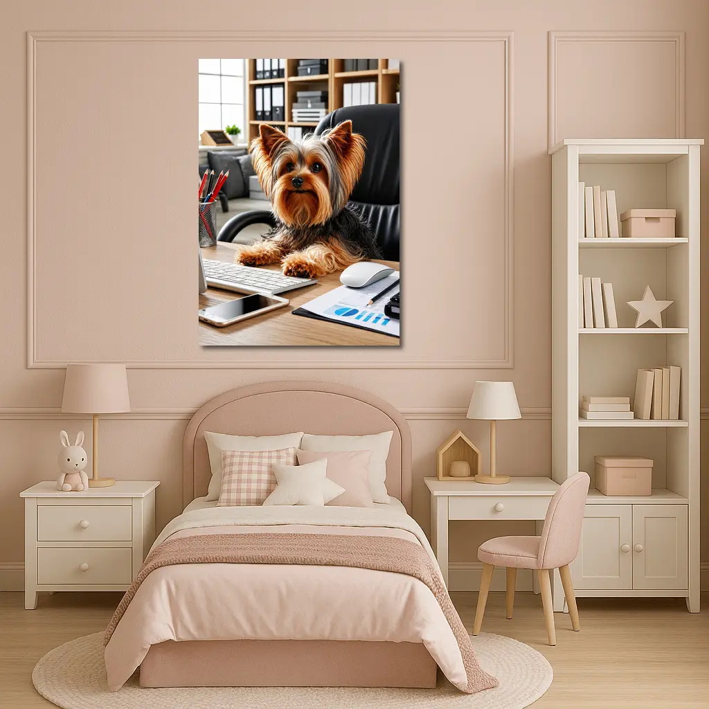 Yorkshire Terrier Sitting at Office Desk – Wall Art