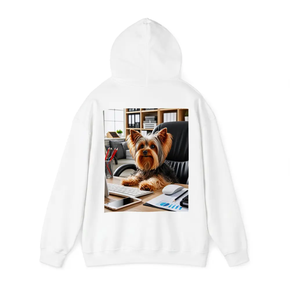 Yorkshire Terrier Sitting at Office Desk – Hoodies