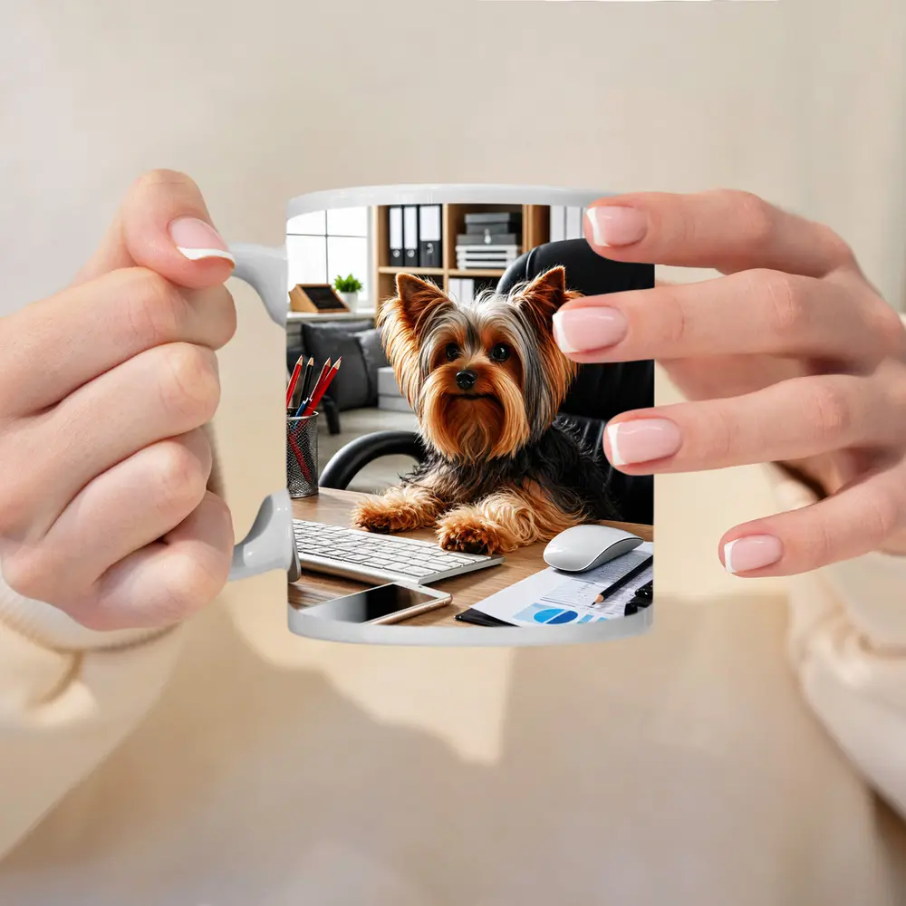 Yorkshire Terrier Sitting at Office Desk – Mugs