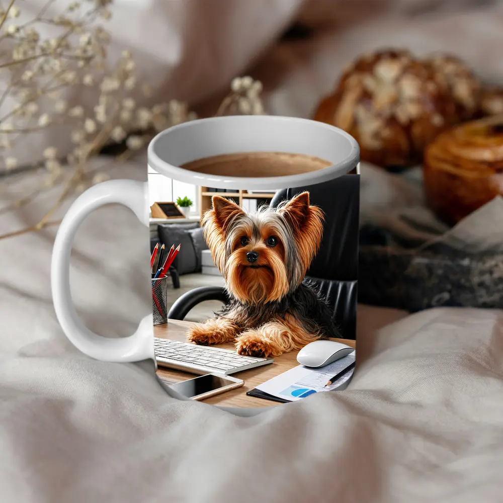 Yorkshire Terrier Sitting at Office Desk – Mugs