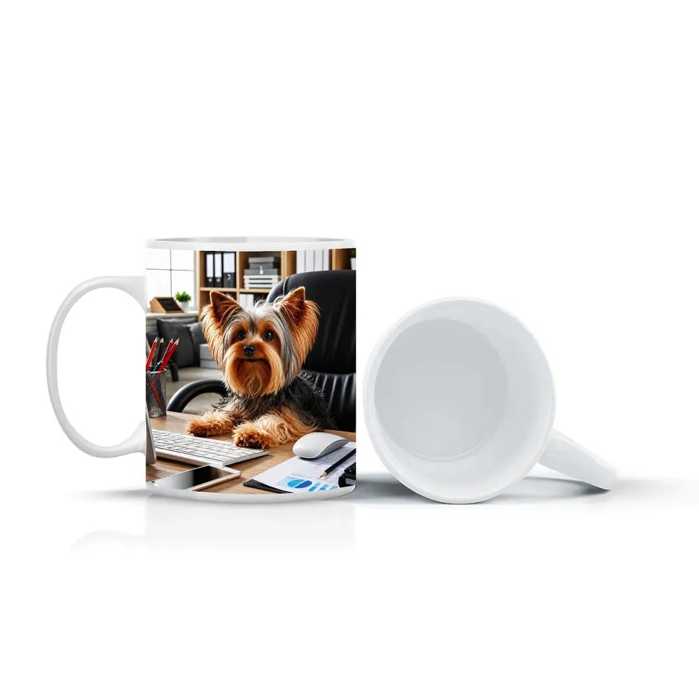 Yorkshire Terrier Sitting at Office Desk – Mugs