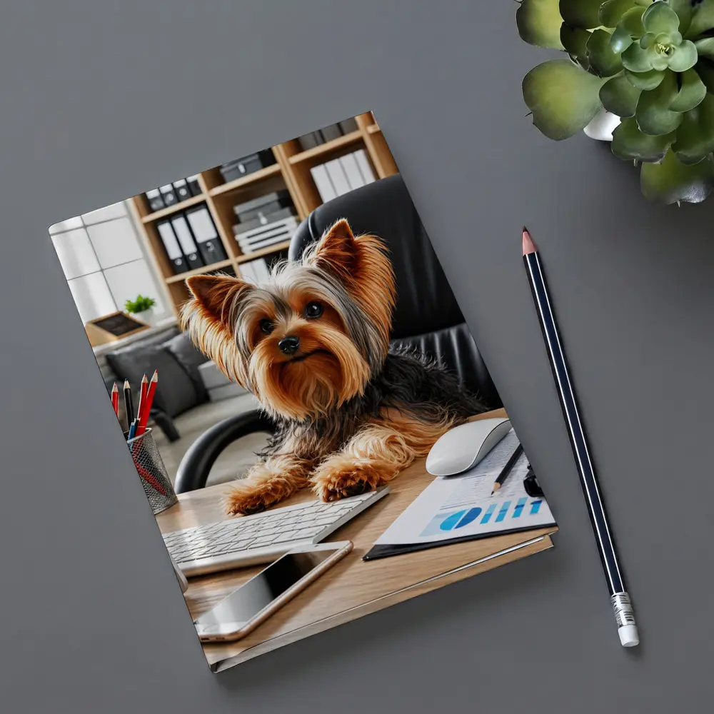 Yorkshire Terrier Sitting at Office Desk – Notebooks