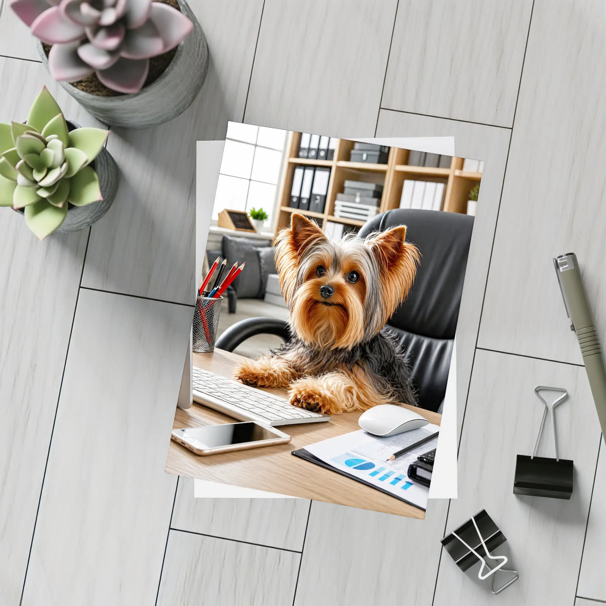 Yorkshire Terrier Sitting at Office Desk – Postcards