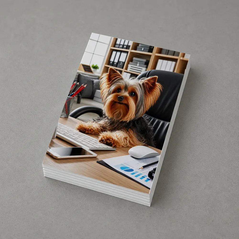 Yorkshire Terrier Sitting at Office Desk – Postcards