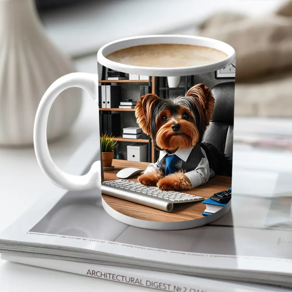 Yorkshire Terrier Boss at Office Desk – Mugs