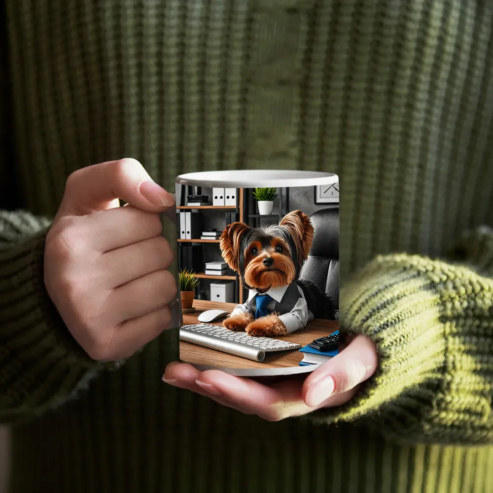 Yorkshire Terrier Boss at Office Desk – Mugs