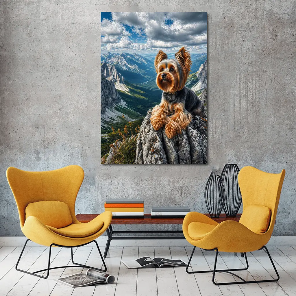 Yorkshire Terrier Sitting on Mountain Rocky Peak – Wall Art