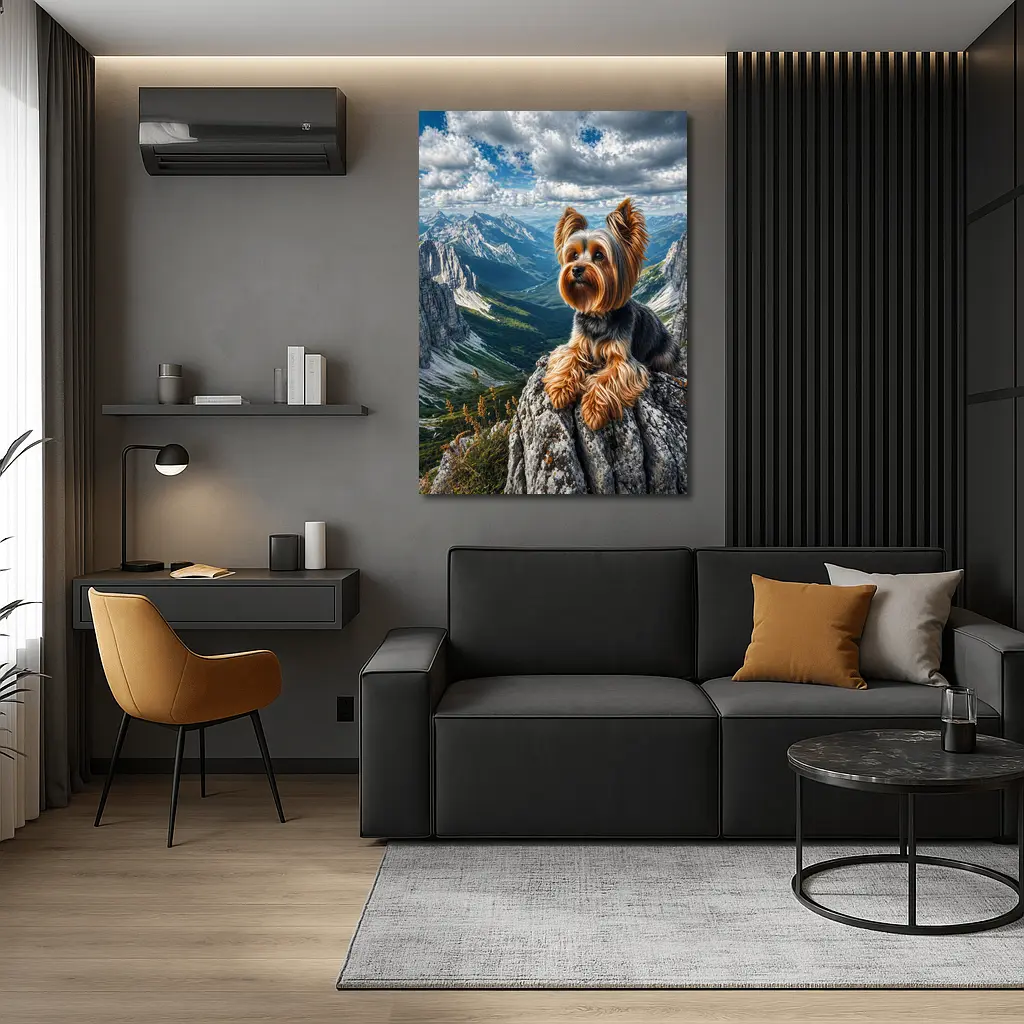 Yorkshire Terrier Sitting on Mountain Rocky Peak – Wall Art